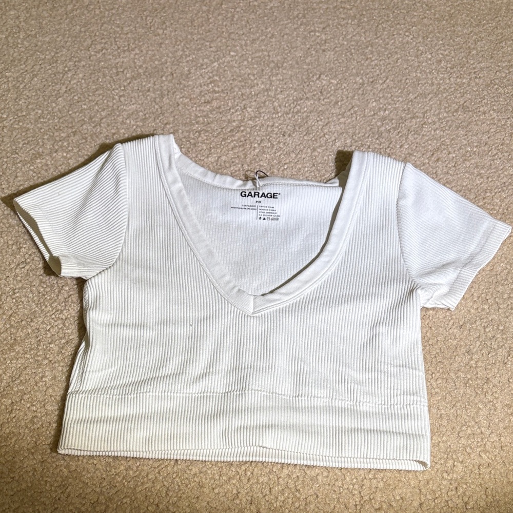 Garage White Short Sleeve Ribbed Top